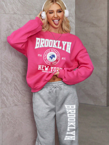 Women's Two-Piece Set With Velvet Warm Color Rose Red Light Gray Round Neck Hoodie Two-Piece Suit, Suitable For Autumn And Winter Warm And Comfortable, Casual Suit