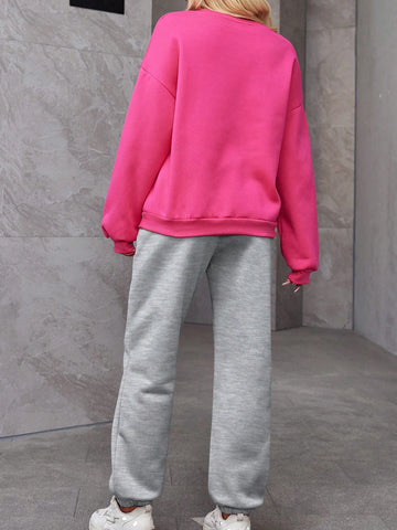 Women's Two-Piece Set With Velvet Warm Color Rose Red Light Gray Round Neck Hoodie Two-Piece Suit, Suitable For Autumn And Winter Warm And Comfortable, Casual Suit