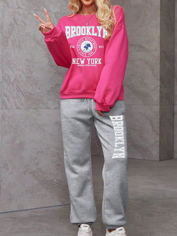 Women's Two-Piece Set With Velvet Warm Color Rose Red Light Gray Round Neck Hoodie Two-Piece Suit, Suitable For Autumn And Winter Warm And Comfortable, Casual Suit