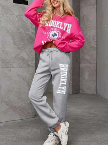 Women's Two-Piece Set With Velvet Warm Color Rose Red Light Gray Round Neck Hoodie Two-Piece Suit, Suitable For Autumn And Winter Warm And Comfortable, Casual Suit