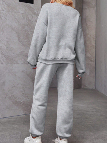Women's Two-Piece Set With Velvet Warm Light Grey Round Neck Hoodie And Pants Two-Piece Suit, Suitable For Autumn And Winter Warm And Comfortable, Casual Suit