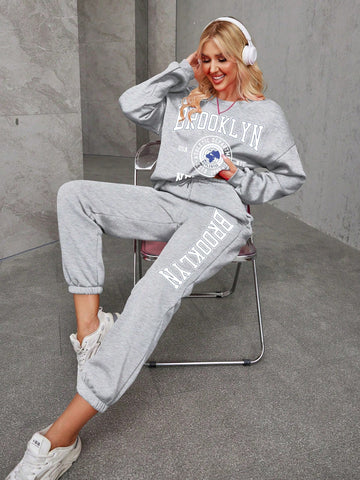 Women's Two-Piece Set With Velvet Warm Light Grey Round Neck Hoodie And Pants Two-Piece Suit, Suitable For Autumn And Winter Warm And Comfortable, Casual Suit