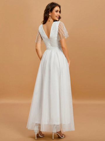 Women's V-Neck Beading Embroidery Short Sleeve Long Wedding Dress