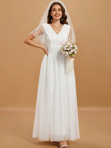 Women's V-Neck Beading Embroidery Short Sleeve Long Wedding Dress
