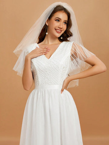 Women's V-Neck Beading Embroidery Short Sleeve Long Wedding Dress
