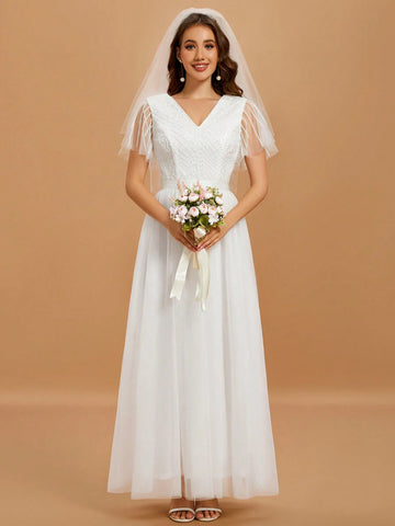 Women's V-Neck Beading Embroidery Short Sleeve Long Wedding Dress