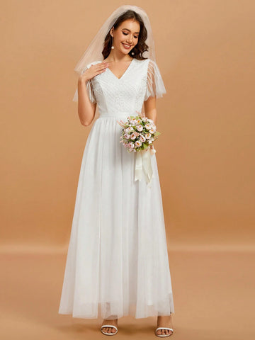 Women's V-Neck Beading Embroidery Short Sleeve Long Wedding Dress