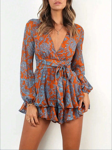 Women's V-Neck Botanical Print Cinched Waist Ruffle Hem Jumpsuit Dress For Parties