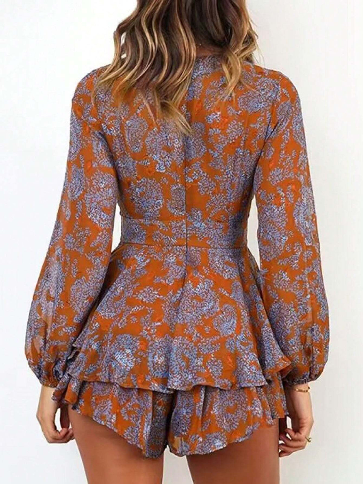 Women's V-Neck Botanical Print Cinched Waist Ruffle Hem Jumpsuit Dress For Parties