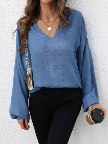 Women's V-Neck Drop Shoulder Long Sleeve Casual Loose Fit Blouse Top, For Autumn