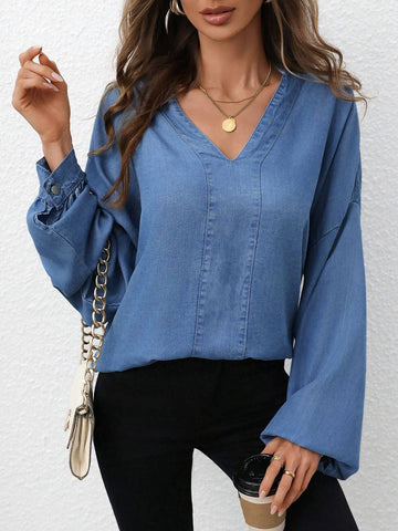 Women's V-Neck Drop Shoulder Long Sleeve Casual Loose Fit Blouse Top, For Autumn