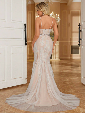 Women's V-Neck Embroidered Lace Floor-Length Maxi Wedding Dress With Romantic Ruffled Hem