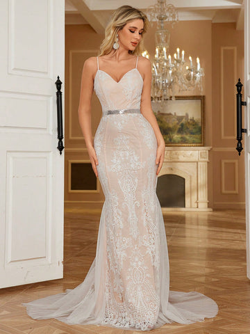 Women's V-Neck Embroidered Lace Floor-Length Maxi Wedding Dress With Romantic Ruffled Hem