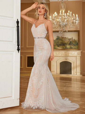 Women's V-Neck Embroidered Lace Floor-Length Maxi Wedding Dress With Romantic Ruffled Hem