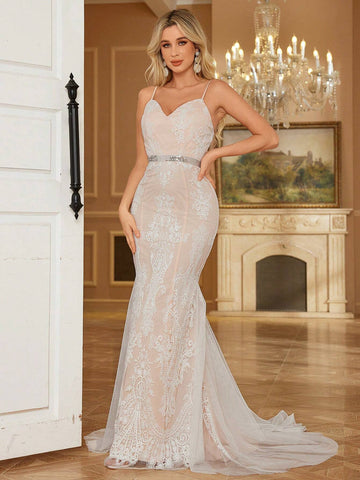 Women's V-Neck Embroidered Lace Floor-Length Maxi Wedding Dress With Romantic Ruffled Hem