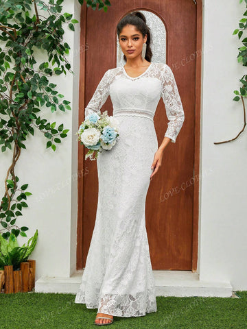 Women's V-Neck Full Lace Three-Quarter Sleeves Fishtail Romantic Wedding Dress