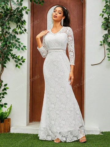 Women's V-Neck Full Lace Three-Quarter Sleeves Fishtail Romantic Wedding Dress