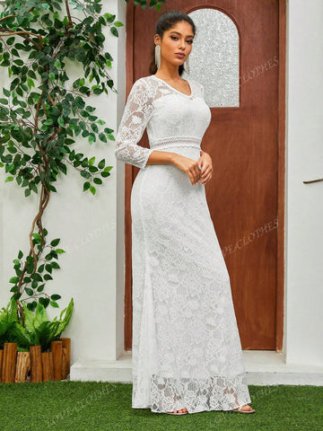 Women's V-Neck Full Lace Three-Quarter Sleeves Fishtail Romantic Wedding Dress