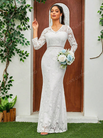 Women's V-Neck Full Lace Three-Quarter Sleeves Fishtail Romantic Wedding Dress
