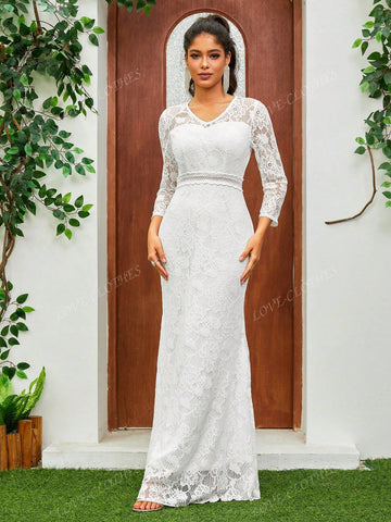 Women's V-Neck Full Lace Three-Quarter Sleeves Fishtail Romantic Wedding Dress