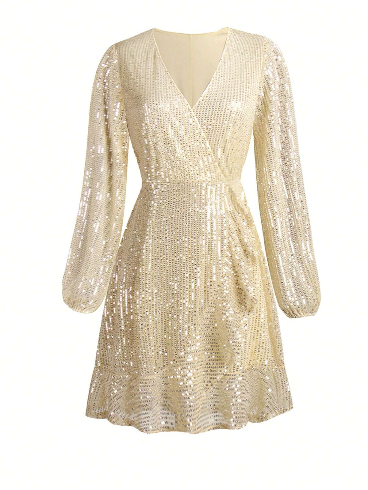 Women's V-Neck Glitter & Ruffle Trim Decorated Fashion Dress