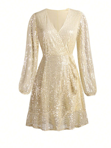 Women's V-Neck Glitter & Ruffle Trim Decorated Fashion Dress