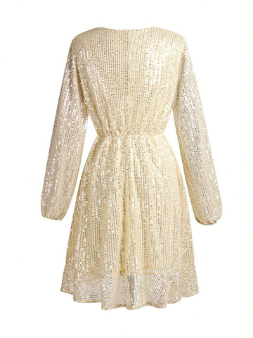 Women's V-Neck Glitter & Ruffle Trim Decorated Fashion Dress