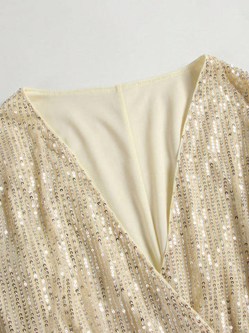 Women's V-Neck Glitter & Ruffle Trim Decorated Fashion Dress