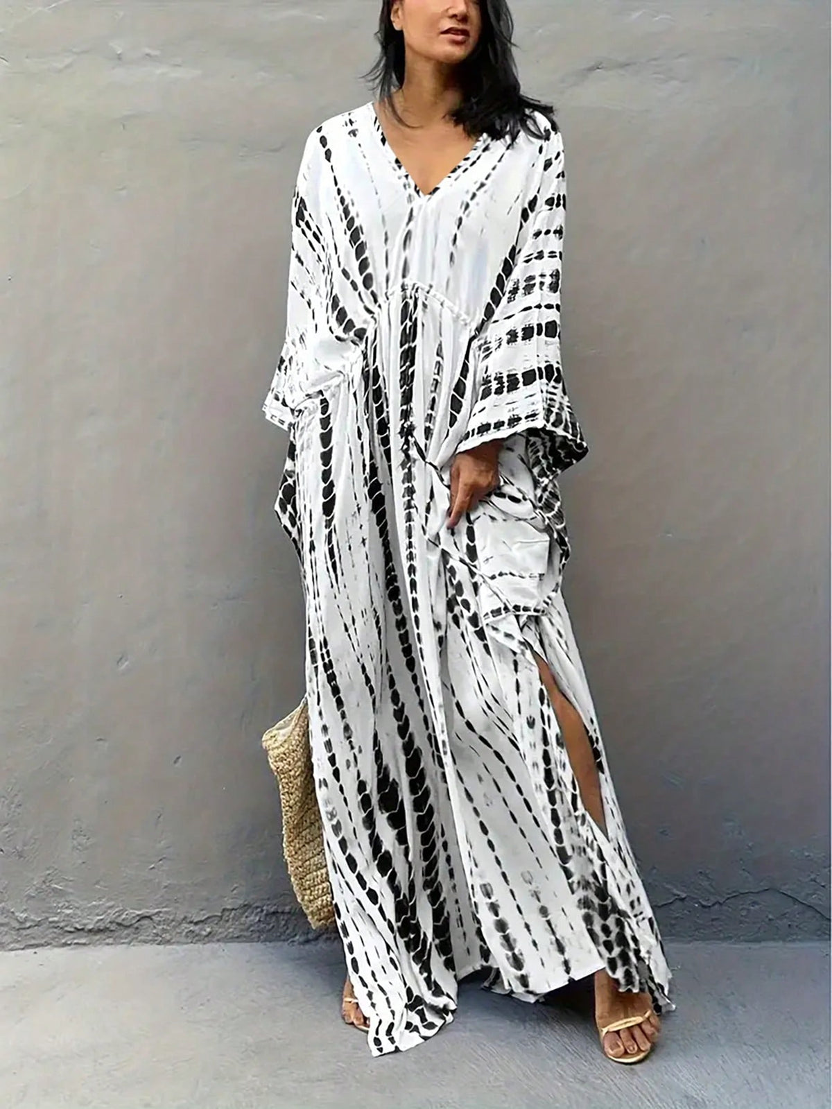 Women's V-Neck High Side Slit Batwing Sleeve Dress