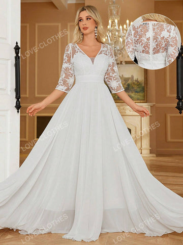 Women's V-Neck Lace Trim White Chiffon Maxi Romantic Flowy Long Dress With Ruffle Hem