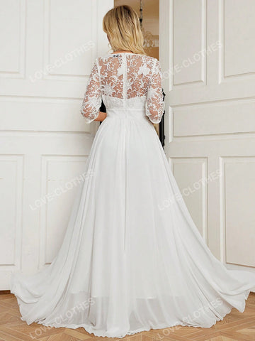 Women's V-Neck Lace Trim White Chiffon Maxi Romantic Flowy Long Dress With Ruffle Hem