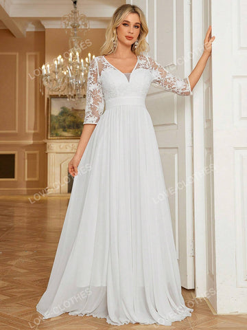 Women's V-Neck Lace Trim White Chiffon Maxi Romantic Flowy Long Dress With Ruffle Hem