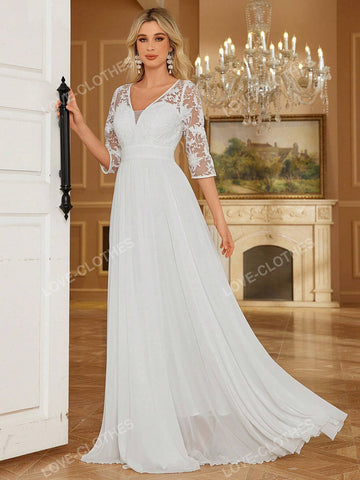 Women's V-Neck Lace Trim White Chiffon Maxi Romantic Flowy Long Dress With Ruffle Hem