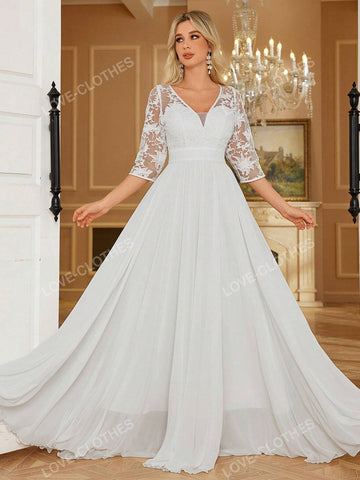 Women's V-Neck Lace Trim White Chiffon Maxi Romantic Flowy Long Dress With Ruffle Hem