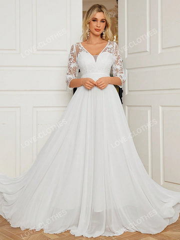 Women's V-Neck Lace Trim White Chiffon Maxi Romantic Flowy Long Dress With Ruffle Hem