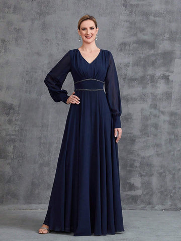 Women's V-Neck Long Lantern Sleeve Chiffon Party Dress