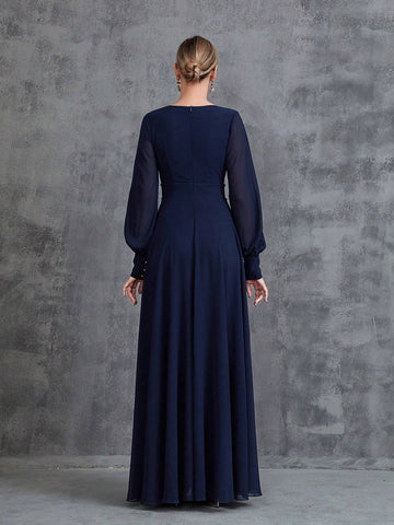 Women's V-Neck Long Lantern Sleeve Chiffon Party Dress