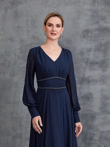 Women's V-Neck Long Lantern Sleeve Chiffon Party Dress