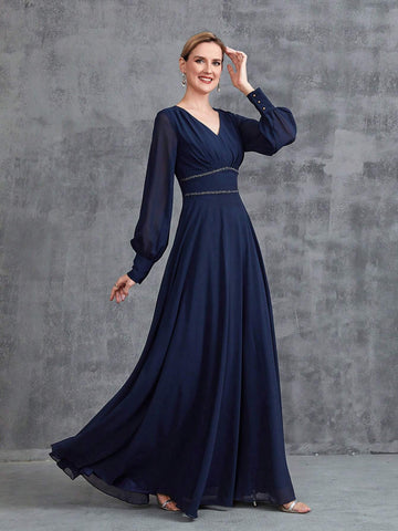 Women's V-Neck Long Lantern Sleeve Chiffon Party Dress
