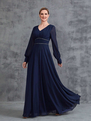 Women's V-Neck Long Lantern Sleeve Chiffon Party Dress