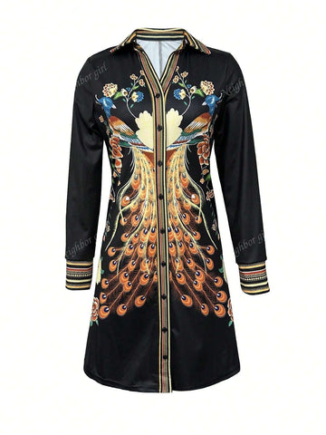 Women's V-Neck Long Sleeve Button Fashionable Full Print Peacock Pattern Elegant Dress