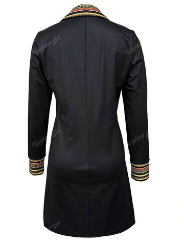 Women's V-Neck Long Sleeve Button Fashionable Full Print Peacock Pattern Elegant Dress