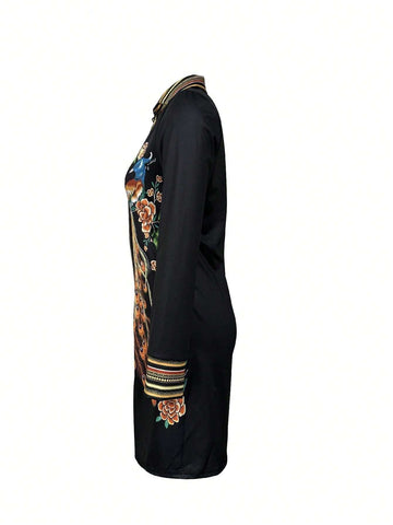 Women's V-Neck Long Sleeve Button Fashionable Full Print Peacock Pattern Elegant Dress