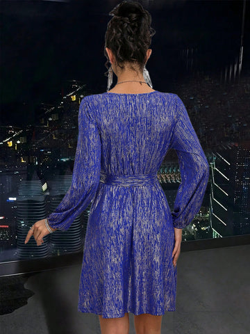 Women's V-Neck Long Sleeve New Fashion Glitter Tie-Up Elegant Short Dress