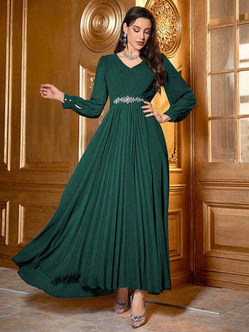 Women's V-Neck Long Sleeve Pleated Hem Dress