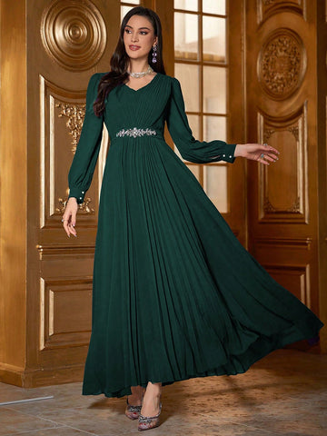 Women's V-Neck Long Sleeve Pleated Hem Dress