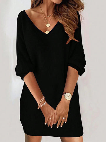 Women's V-Neck Long Sleeve Solid Color Casual Loose Elegant Dress