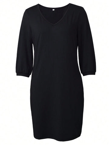 Women's V-Neck Long Sleeve Solid Color Casual Loose Elegant Dress