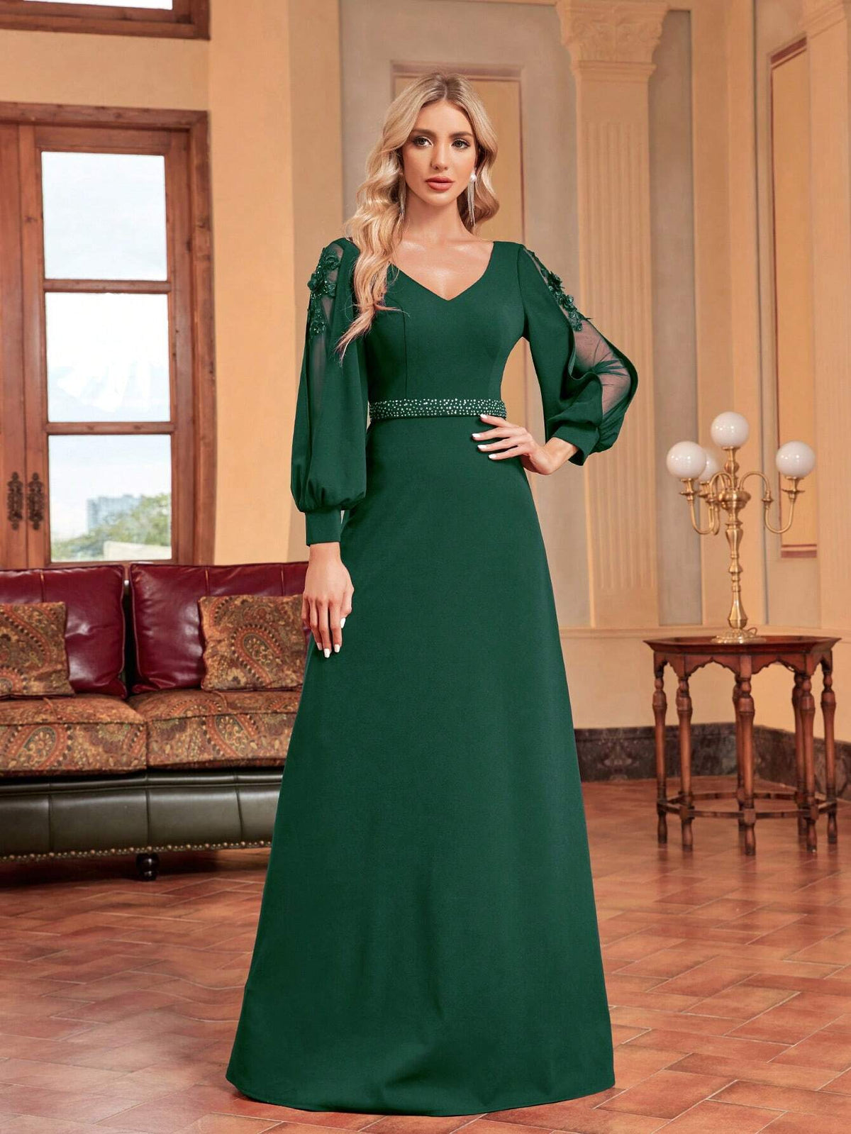 Women's V-Neck Mesh Panel Lantern Sleeve Evening Dress