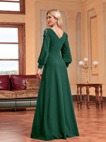Women's V-Neck Mesh Panel Lantern Sleeve Evening Dress